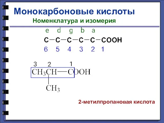 Монокарбоновые кислоты Номенклатура и изомерия 2-метилпропановая кислота