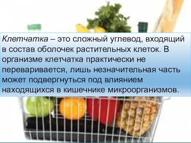 Клетчатка – это сложный углевод, входящий в состав оболочек растительных клеток. В