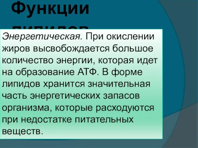 Функции липидов Структурная. Фосфолипиды вместе с белками образуют биологические мембраны. В состав