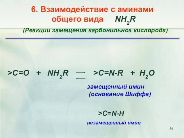 6. Взаимодействие с аминами общего вида NH2R >C=O + NH2R >C=N-R +