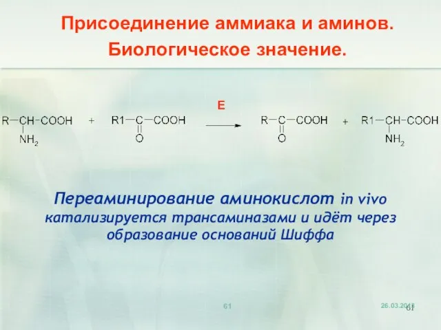 Присоединение аммиака и аминов. Биологическое значение. Переаминирование аминокислот in vivo катализируется трансаминазами