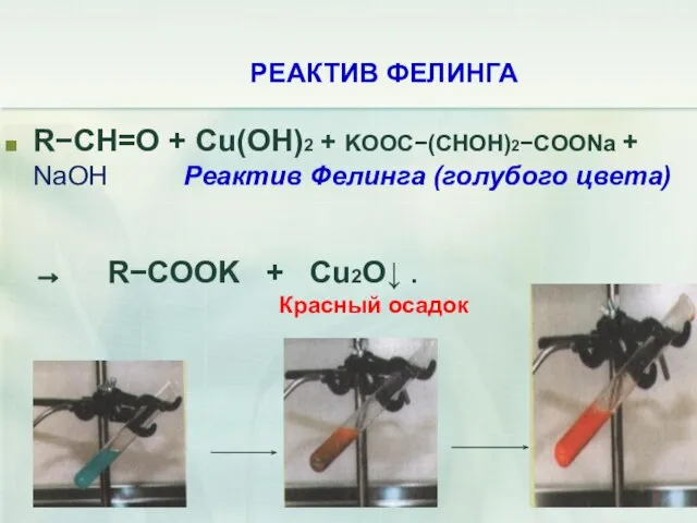 РЕАКТИВ ФЕЛИНГА RCH=O + Cu(OH)2 + KOOC(CHOH)2COONa + NaOH Реактив Фелинга (голубого