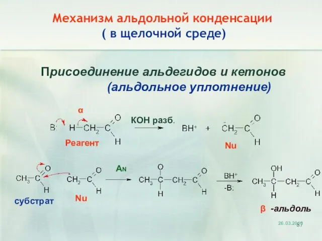 Механизм альдольной конденсации ( в щелочной среде) Присоединение альдегидов и кетонов (альдольное