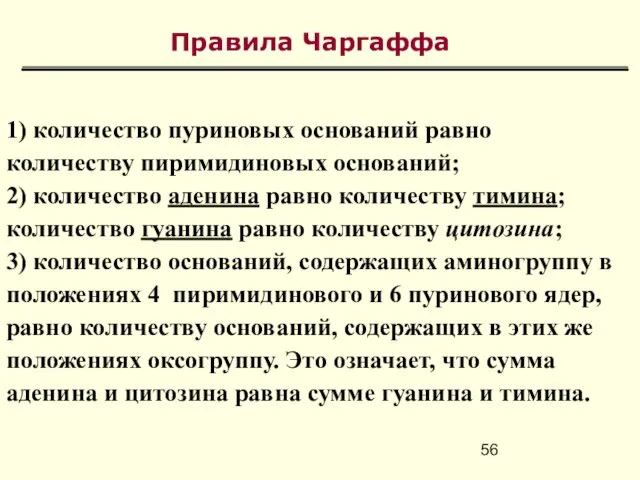 Правила Чаргаффа 1) количество пуриновых оснований равно количеству пиримидиновых оснований; 2) количество