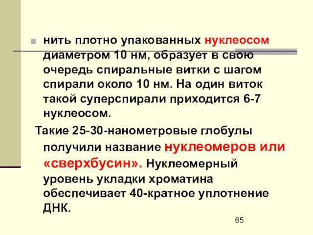 нить плотно упакованных нуклеосом диаметром 10 нм, образует в свою очередь спиральные