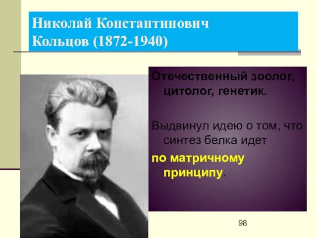 Николай Константинович Кольцов (1872-1940) Отечественный зоолог, цитолог, генетик. Выдвинул идею о том,