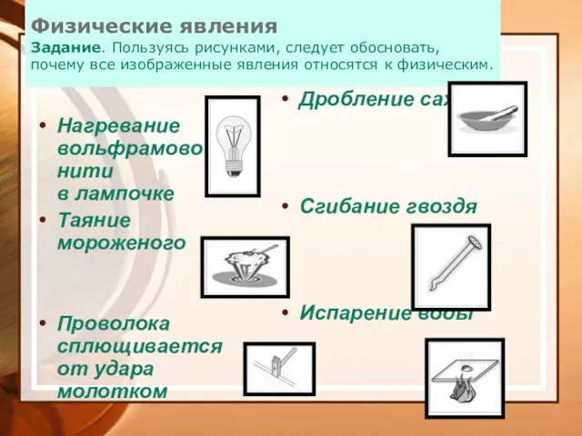 Физические явления Задание. Пользуясь рисунками, следует обосновать, почему все изображенные явления относятся