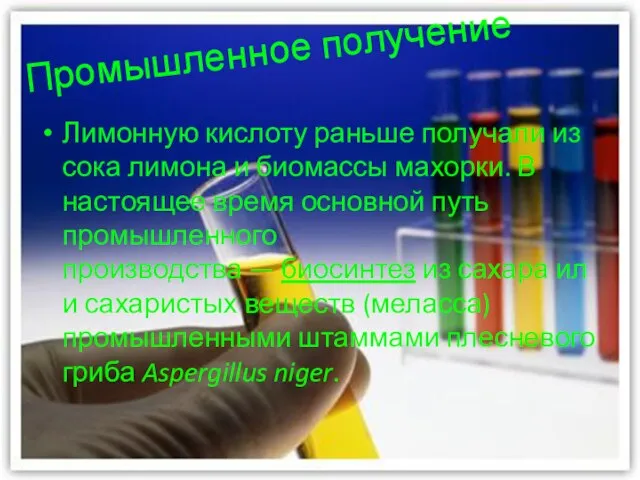 Промышленное получение Лимонную кислоту раньше получали из сока лимона и биомассы махорки.