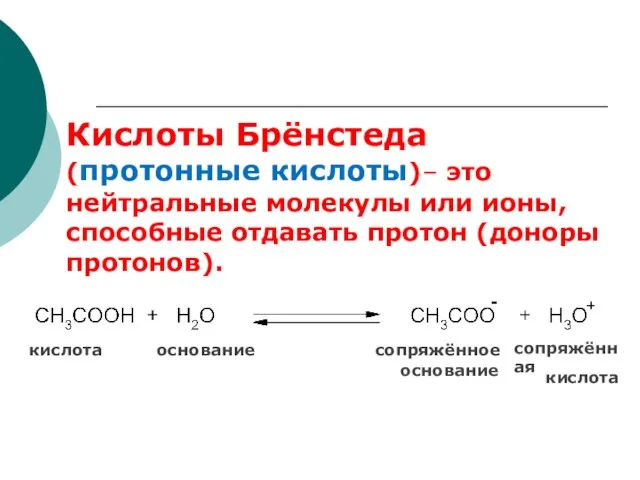 Кислоты Брёнстеда (протонные кислоты)– это нейтральные молекулы или ионы, способные отдавать протон