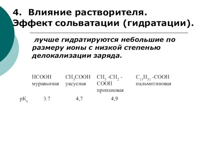 4. Влияние растворителя. Эффект сольватации (гидратации). лучше гидратируются небольшие по размеру ионы