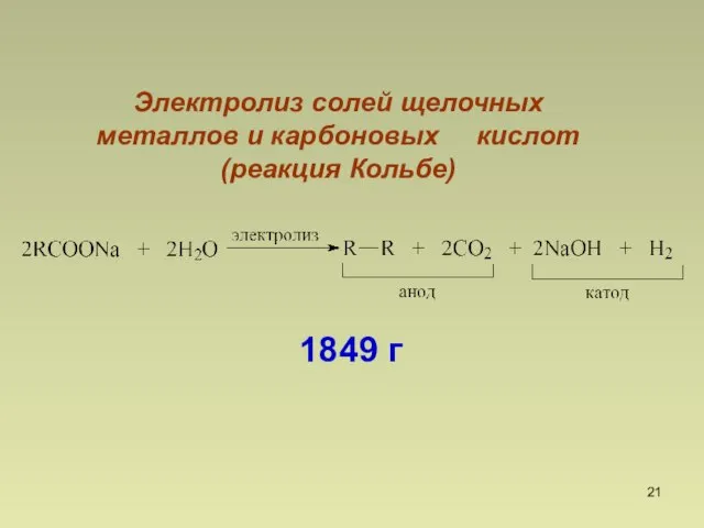 Электролиз солей щелочных металлов и карбоновых кислот (реакция Кольбе) 1849 г