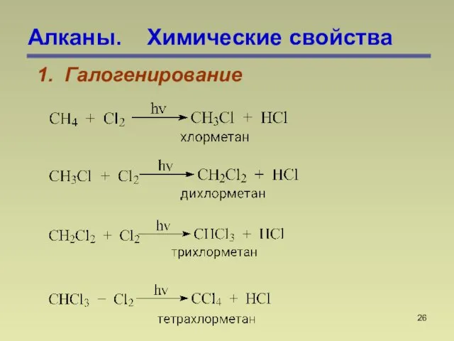 Алканы. Химические свойства 1. Галогенирование