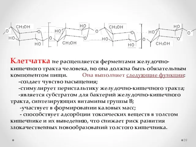 Клетчатка не расщепляется ферментами желудочно-кишечного тракта человека, но она должна быть обязательным