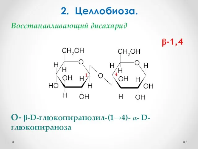 2. Целлобиоза. О- b-D-глюкопиранозил-(1→4)- α- D-глюкопираноза b-1,4 Восстанавливающий дисахарид 4 1