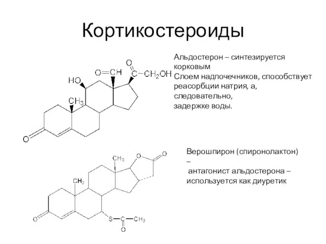 Кортикостероиды Альдостерон – синтезируется корковым Слоем надпочечников, способствует реасорбции натрия, а, следовательно,