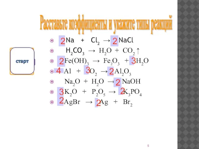 Na + Cl2 → NaCl H2CO3 → H2O + CO2 ↑ Fe(OH)3