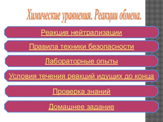 Химические уравнения. Реакции обмена. Правила техники безопасности Реакция нейтрализации Лабораторные опыты Условия