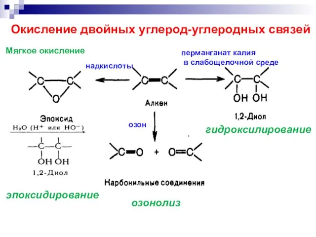 озонолиз эпоксидирование гидроксилирование озон надкислоты Окисление двойных углерод-углеродных связей перманганат калия в слабощелочной среде Мягкое окисление