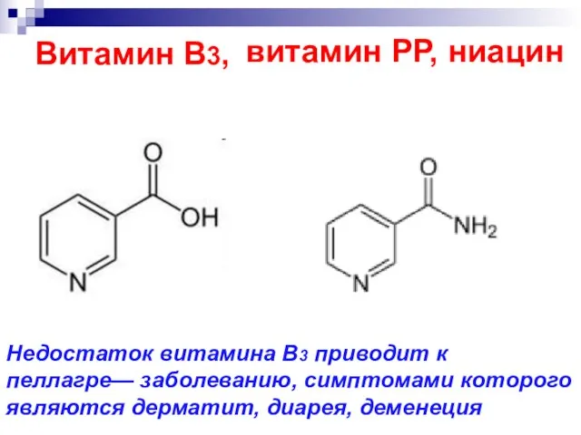 Витамин В3, витамин РР, ниацин Недостаток витамина B3 приводит к пеллагре— заболеванию,