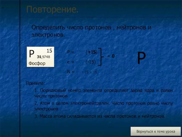 * Повторение. Определить число протонов , нейтронов и электронов. Р Фосфор 15