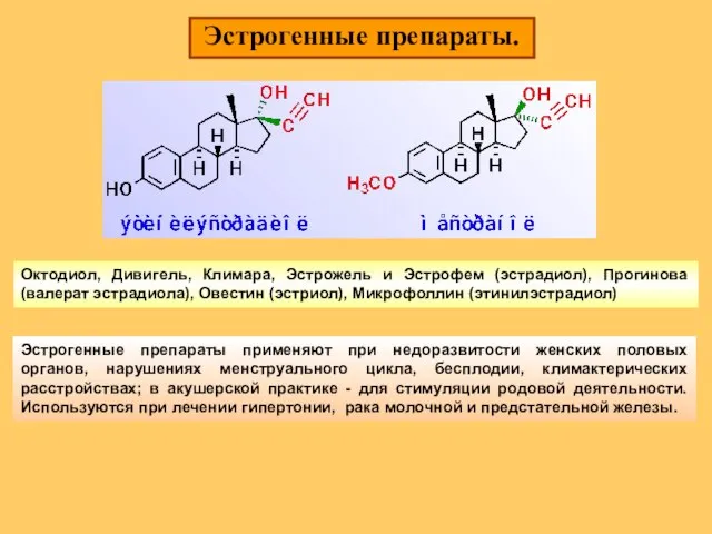 Эстрогенные препараты. Эстрогенные препараты применяют при недоразвитости женских половых органов, нарушениях менструального