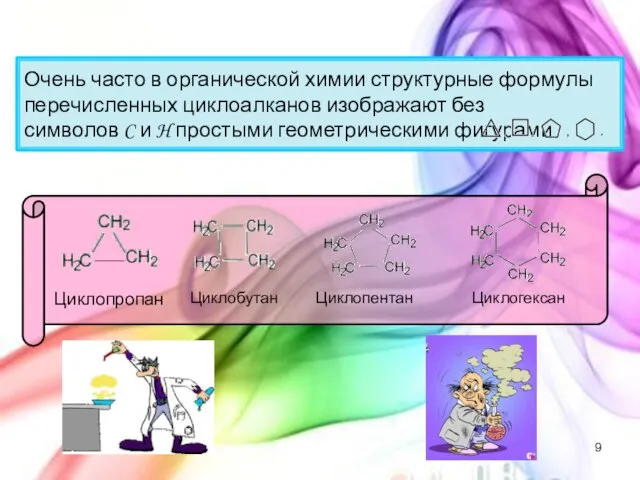 Очень часто в органической химии структурные формулы перечисленных циклоалканов изображают без символов