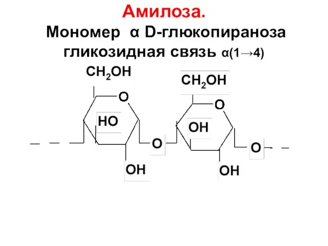 Амилоза. Мономер α D-глюкопираноза гликозидная связь α(1→4)
