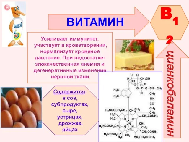 ВИТАМИН B12 цианкобаламин Усиливает иммунитет, участвует в кроветворении, нормализует кровяное давление. При