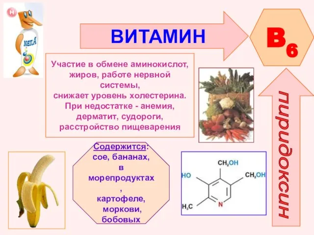 ВИТАМИН B6 пиридоксин Участие в обмене аминокислот, жиров, работе нервной системы, снижает