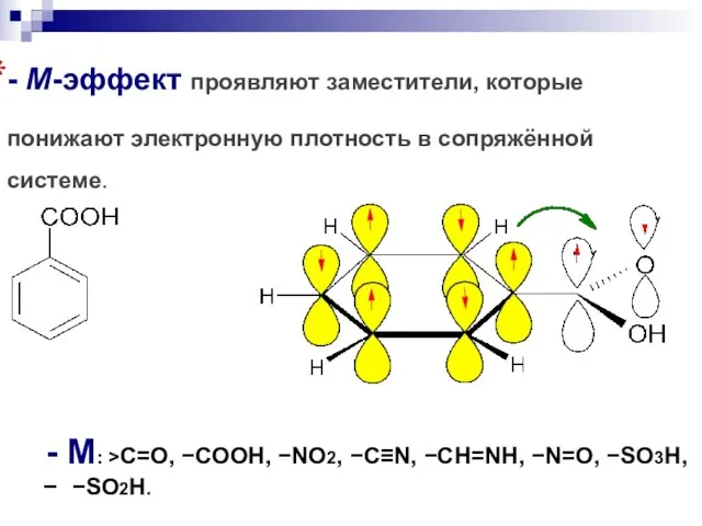- М-эффект проявляют заместители, которые понижают электронную плотность в сопряжённой системе. -