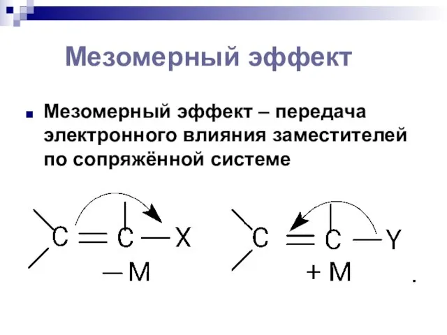 Мезомерный эффект Мезомерный эффект – передача электронного влияния заместителей по сопряжённой системе