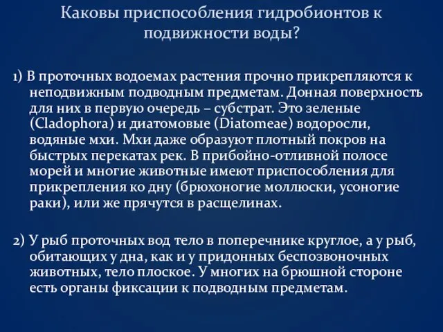 Каковы приспособления гидробионтов к подвижности воды? 1) В проточных водоемах растения прочно