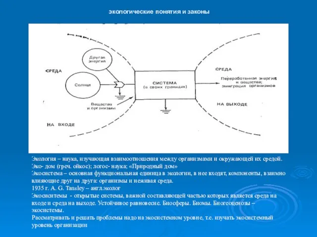 экологические понятия и законы Экология – наука, изучающая взаимоотношения между организмами и