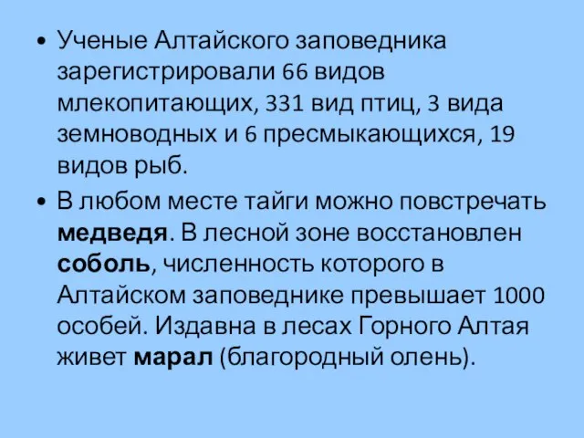 Ученые Алтайского заповедника зарегистрировали 66 видов млекопитающих, 331 вид птиц, 3 вида