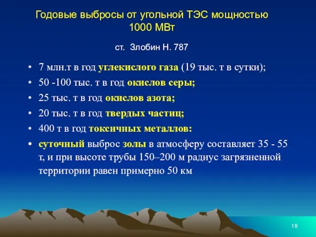 Годовые выбросы от угольной ТЭС мощностью 1000 МВт ст. Злобин Н. 787