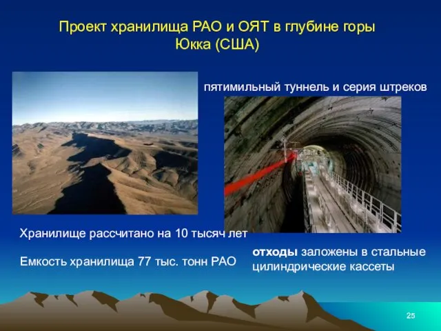 Проект хранилища РАО и ОЯТ в глубине горы Юкка (США) Хранилище рассчитано