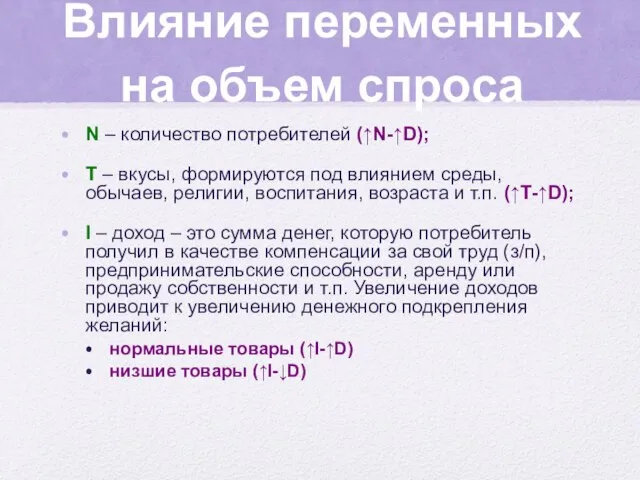 Влияние переменных на объем спроса N – количество потребителей (↑N-↑D); T –