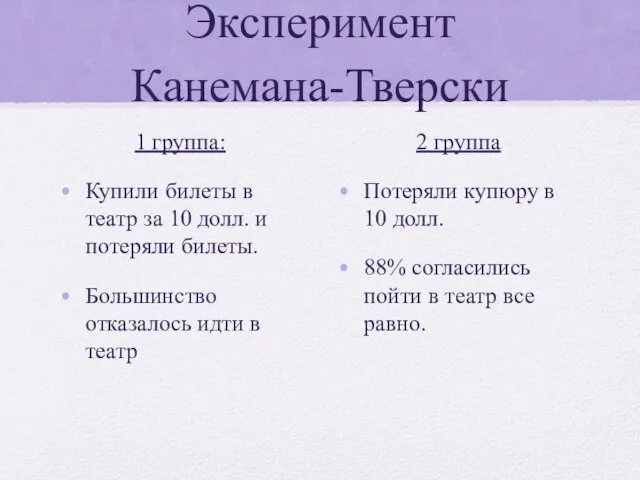 Эксперимент Канемана-Тверски 1 группа: Купили билеты в театр за 10 долл. и