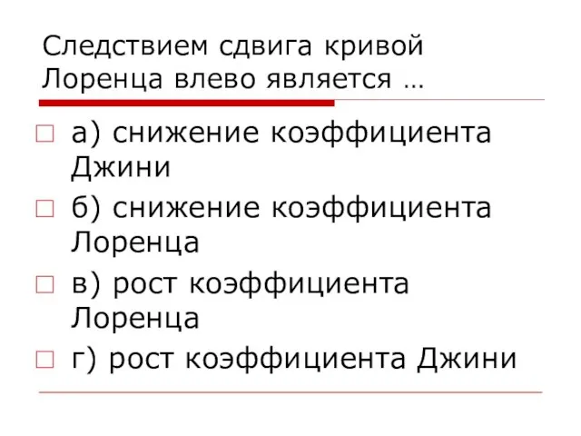 Следствием сдвига кривой Лоренца влево является … а) снижение коэффициента Джини б)