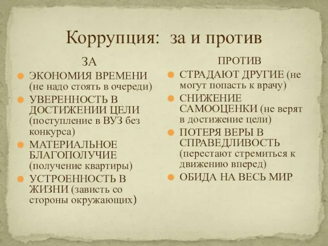 Коррупция: за и против ЗА ЭКОНОМИЯ ВРЕМЕНИ (не надо стоять в очереди)