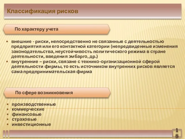 Классификация рисков внешние - риски, непосредственно не связанные с деятельностью предприятия или