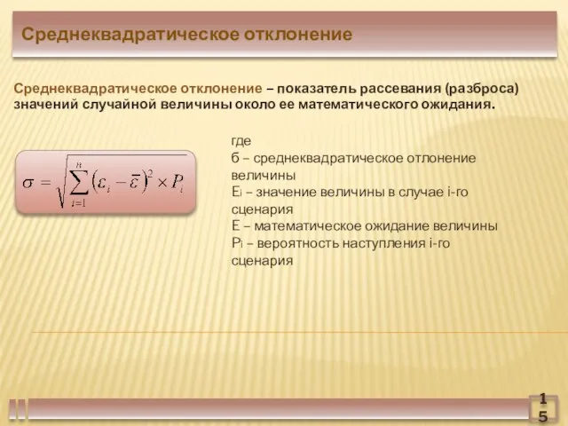 15 Среднеквадратическое отклонение где б – среднеквадратическое отлонение величины Ei – значение