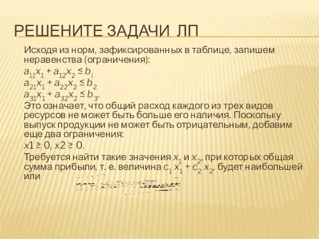 Решените задачи ЛП Исходя из норм, зафиксированных в таблице, запишем неравенства (ограничения):