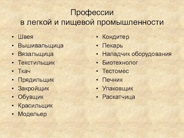 Профессии в легкой и пищевой промышленности Швея Вышивальщица Вязальщица Текстильщик Ткач Прядильщик