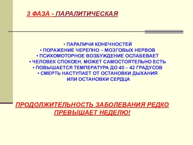 3 ФАЗА - ПАРАЛИТИЧЕСКАЯ ПАРАЛИЧИ КОНЕЧНОСТЕЙ ПОРАЖЕНИЕ ЧЕРЕПНО – МОЗГОВЫХ НЕРВОВ ПСИХОМОТОРНОЕ