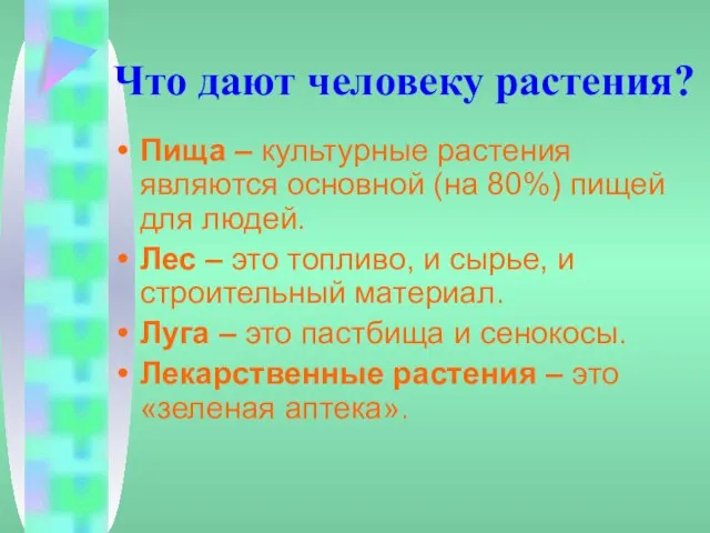 Что дают человеку растения? Пища – культурные растения являются основной (на 80%)