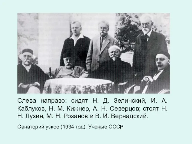 Слева направо: сидят Н. Д. Зелинский, И. А. Каблуков, Н. М. Кижнер,
