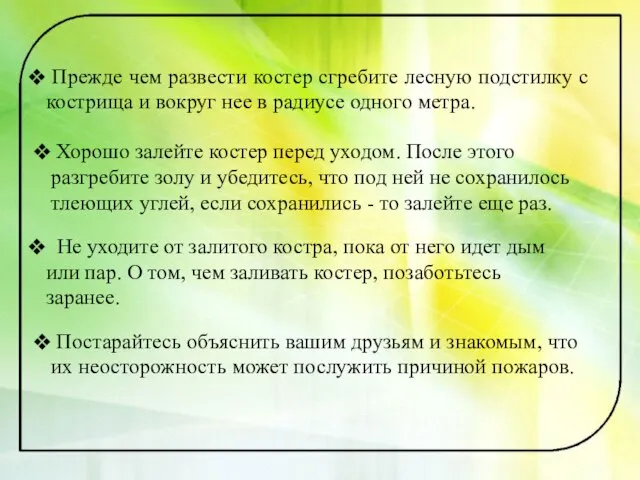 Прежде чем развести костер сгребите лесную подстилку с кострища и вокруг нее