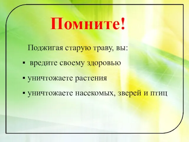 Поджигая старую траву, вы: вредите своему здоровью уничтожаете растения уничтожаете насекомых, зверей и птиц Помните!