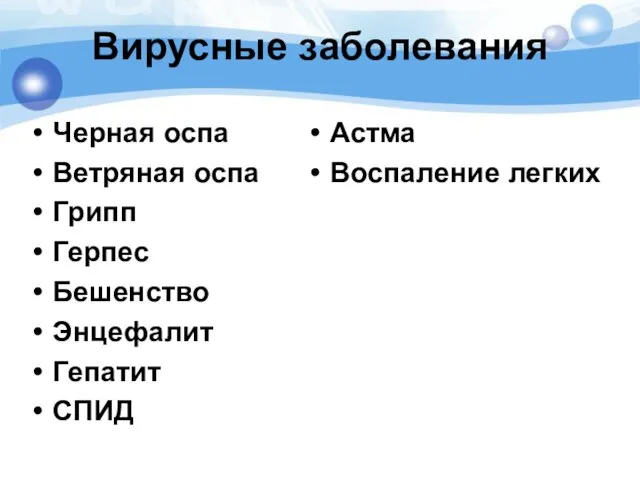 Вирусные заболевания Черная оспа Ветряная оспа Грипп Герпес Бешенство Энцефалит Гепатит СПИД Астма Воспаление легких